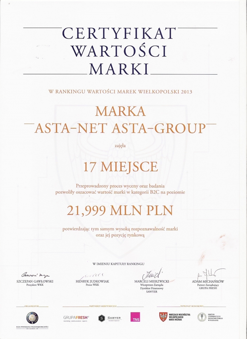 ASTA-NET w Wielkopolskim Rankingu Marek - ASTA-NET