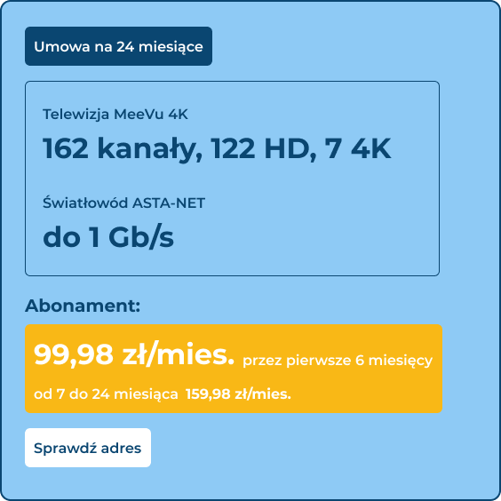 Światłowód ASTA-NET do 1Gb/s - umowa 24 miesiące